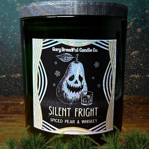 Silent Fright Luxury Crackling Wooden Wick Candle: Spiced Pear & Whiskey Scent - Picture 1 of 9